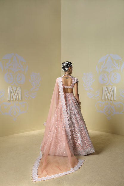 Peach and Ivory Geometric Embroidered Lehenga Set