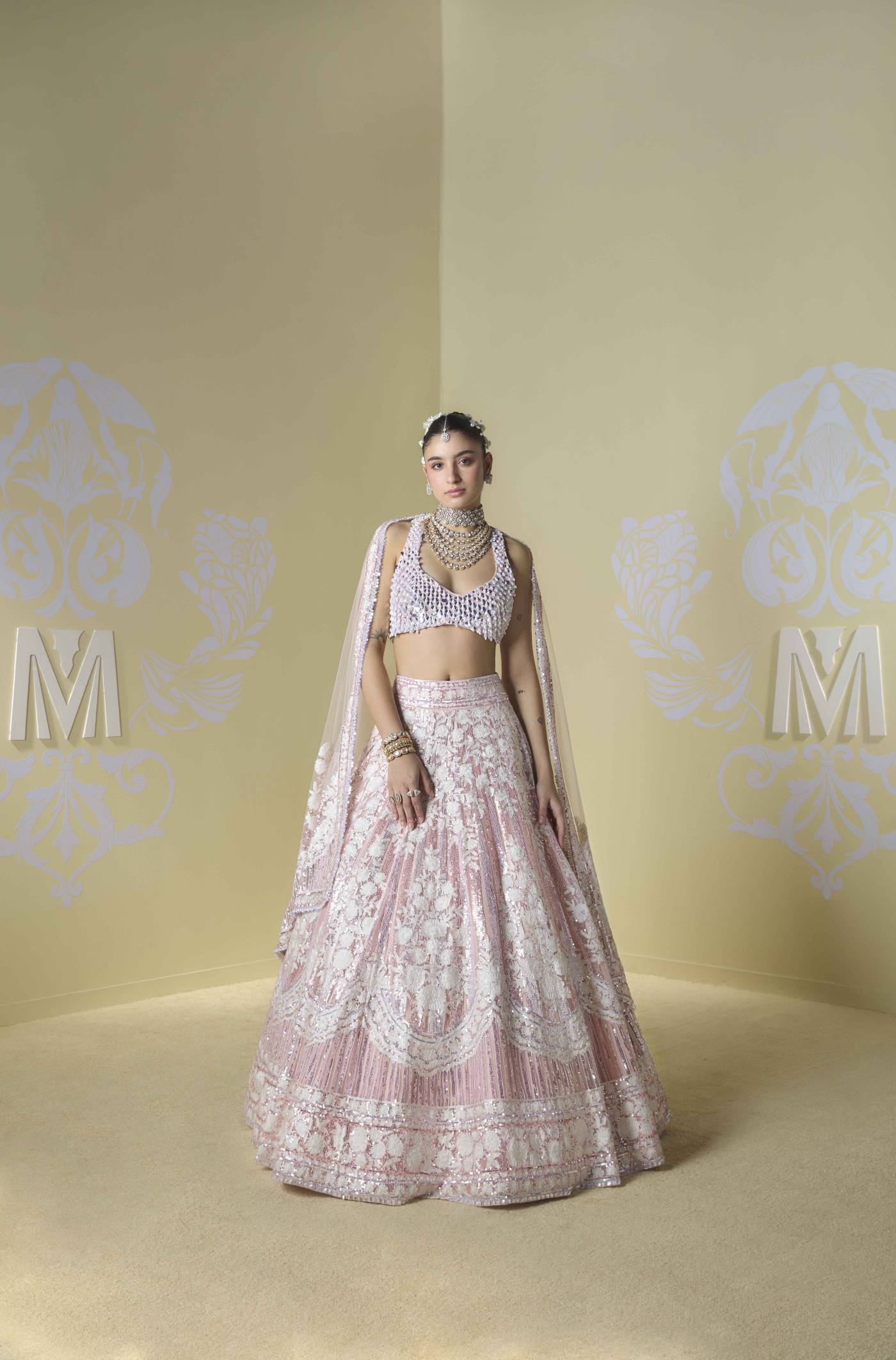 Pink and Peach Striped Sequins Kashmiri Lehenga Set