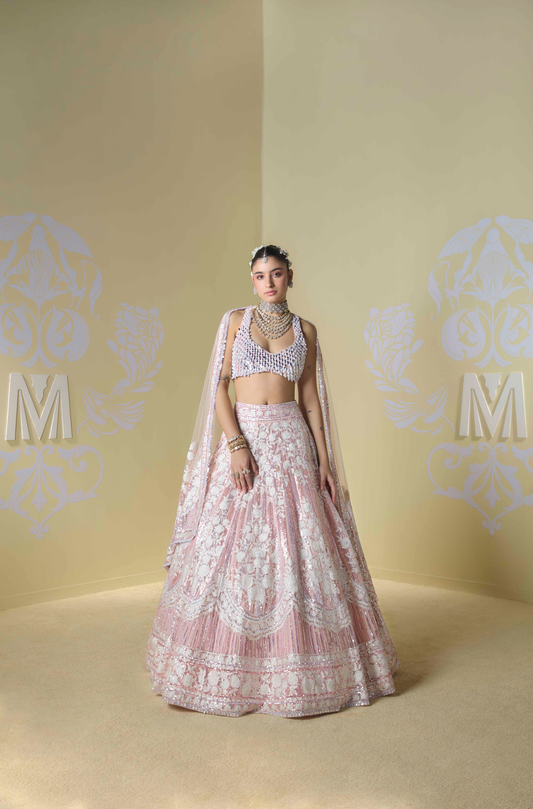 Pink and Peach Striped Sequins Kashmiri Lehenga Set