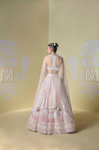 Pink and Peach Striped Sequins Kashmiri Lehenga Set