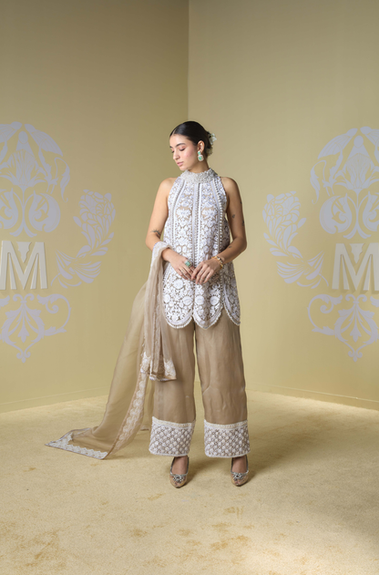 Oyster Kashmiri Embroidered Short Kurta Set