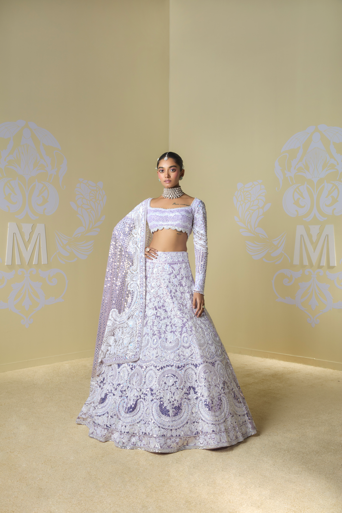 Lavender and Kashmiri Embroidered Lehenga Set