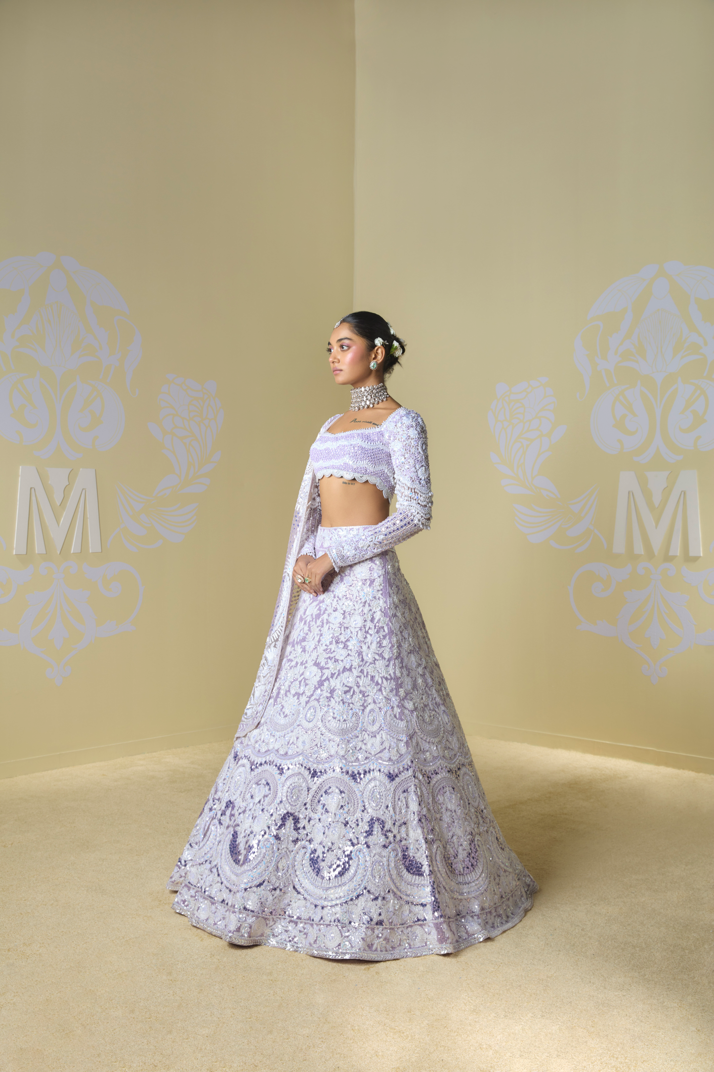 Lavender and Kashmiri Embroidered Lehenga Set