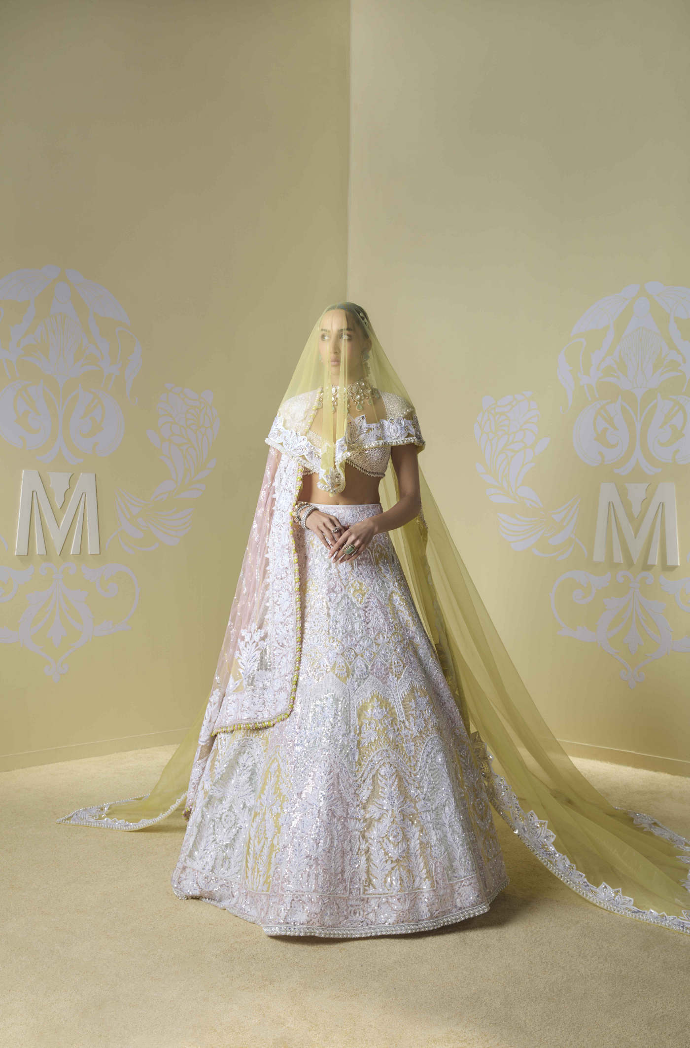 Soft Pink and Yellow Multicoloured Kashmiri Lehenga Set