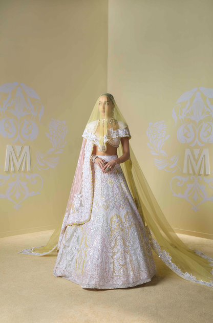 Soft Pink and Yellow Multicoloured Kashmiri Lehenga Set