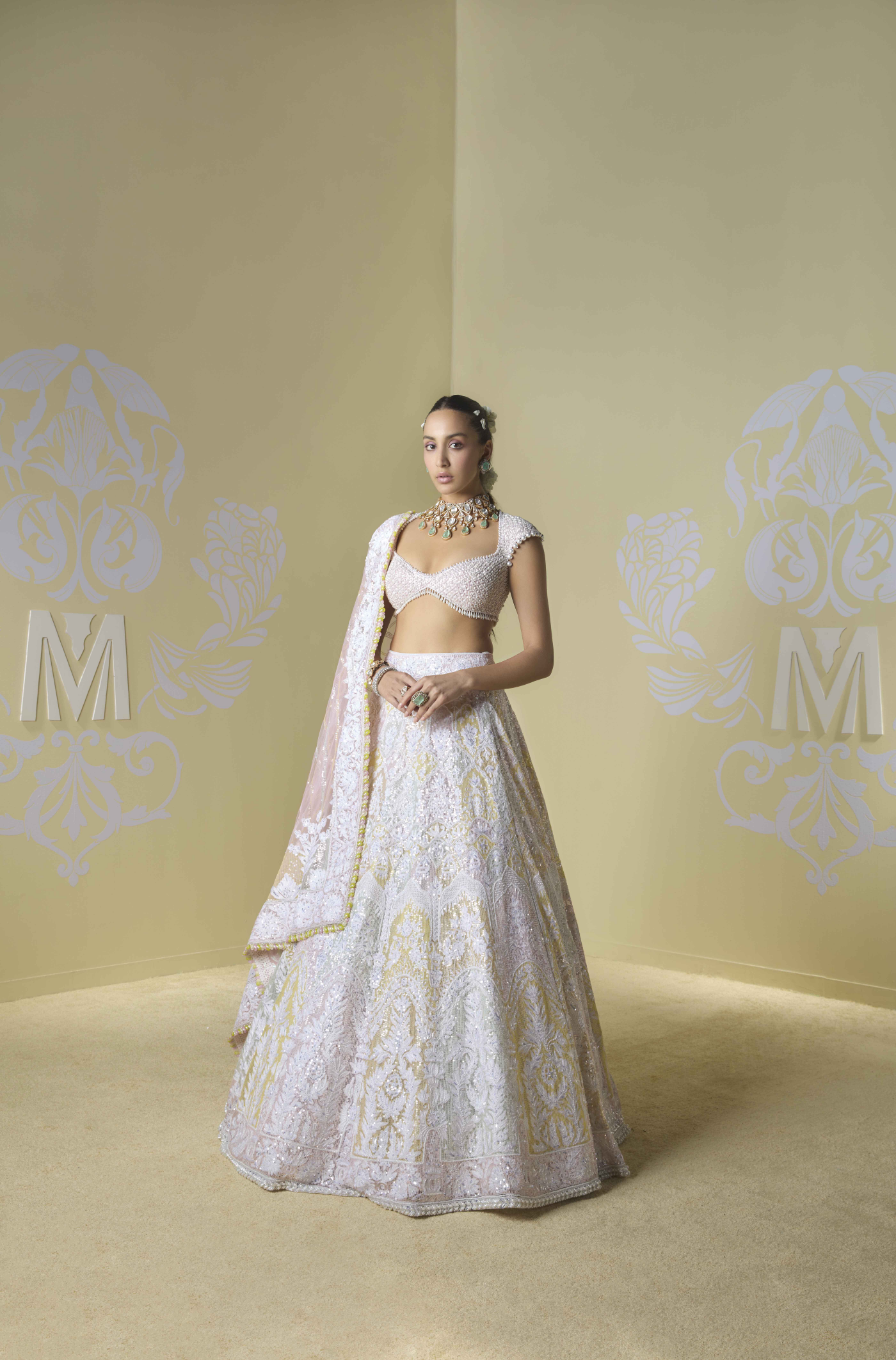 Soft Pink and Yellow Multicoloured Kashmiri Lehenga Set