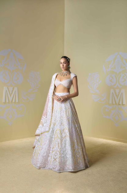 Soft Pink and Yellow Multicoloured Kashmiri Lehenga Set