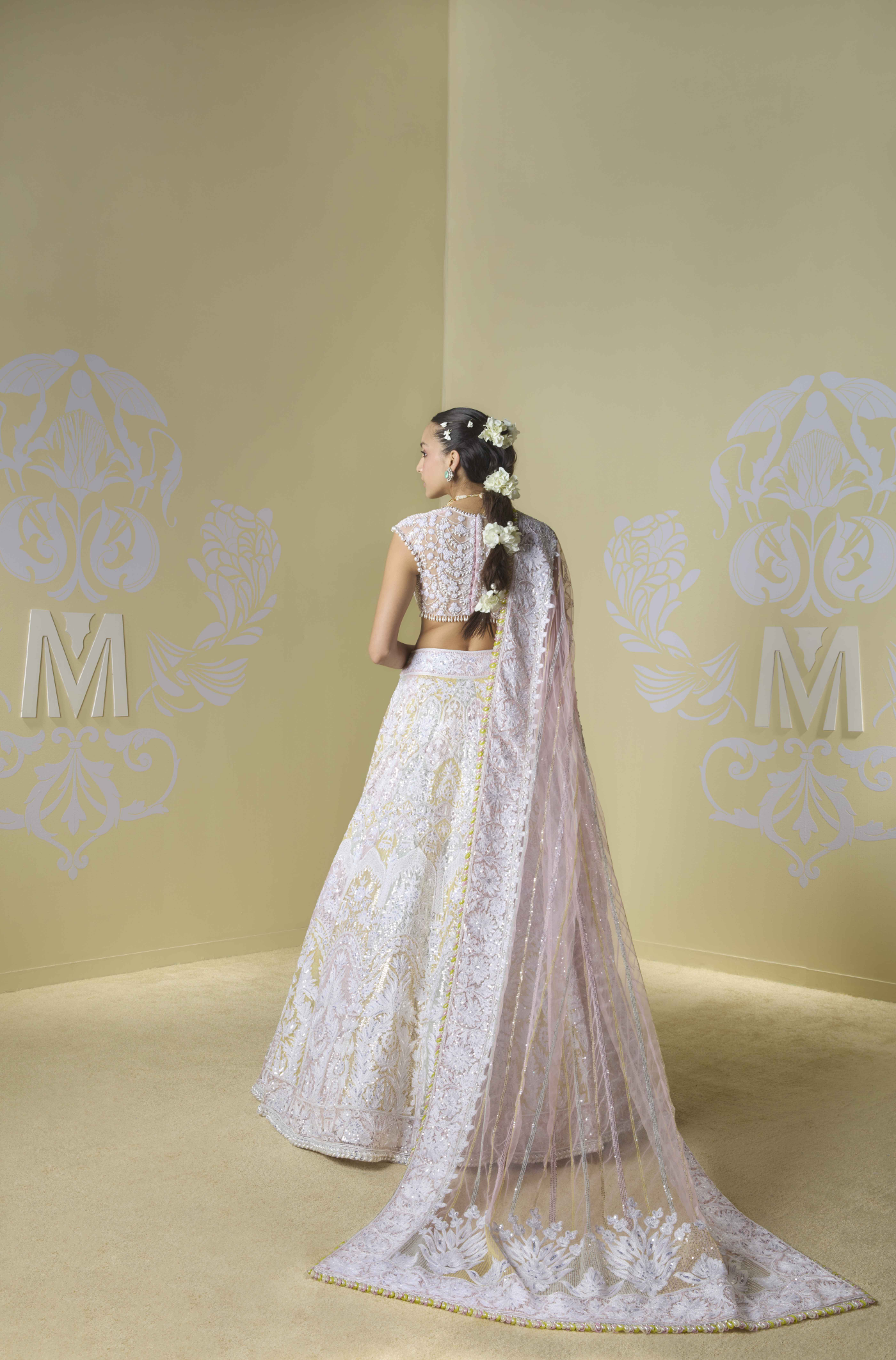 Soft Pink and Yellow Multicoloured Kashmiri Lehenga Set