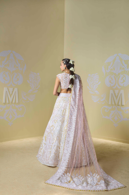 Soft Pink and Yellow Multicoloured Kashmiri Lehenga Set