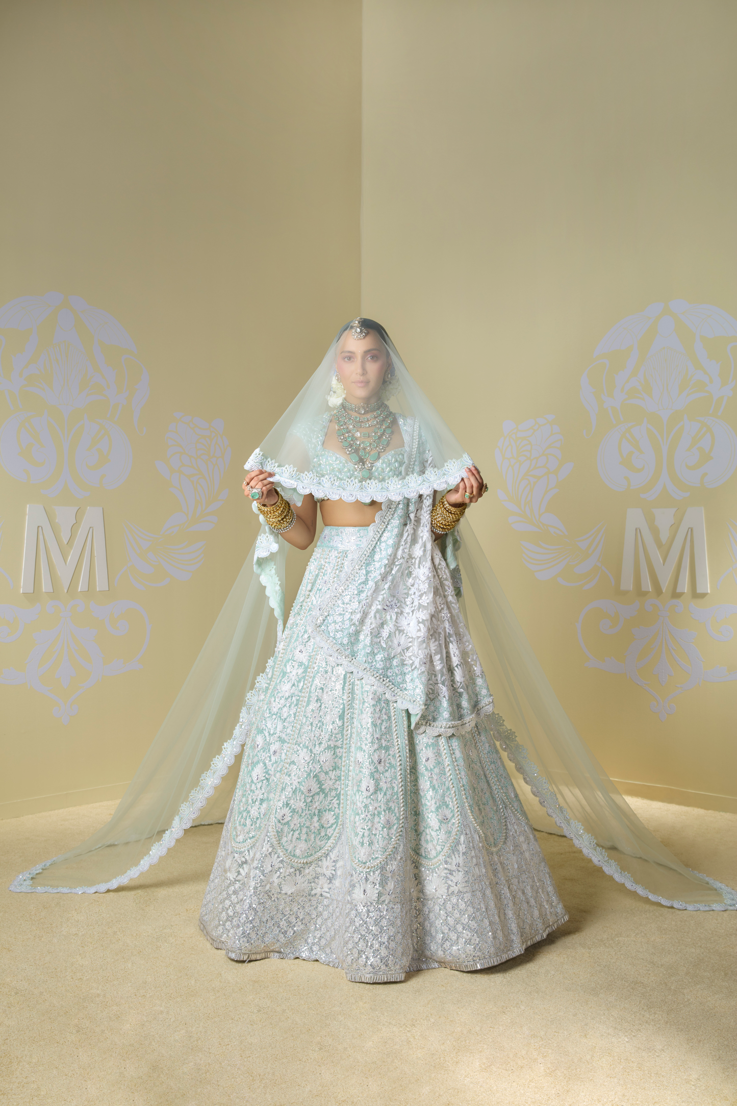 Mint and Ivory Floral Embroidered Lehenga Set