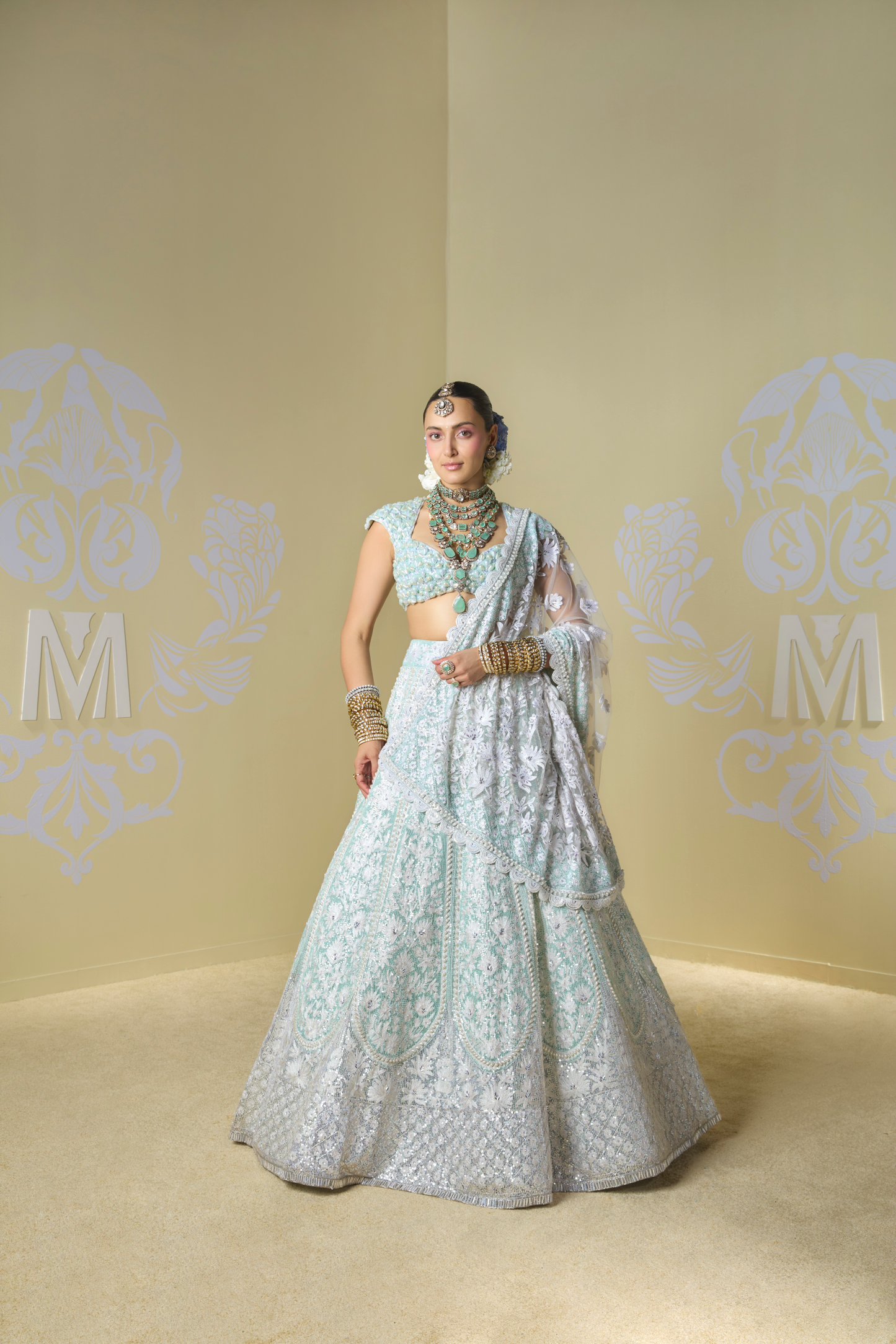Mint and Ivory Floral Embroidered Lehenga Set