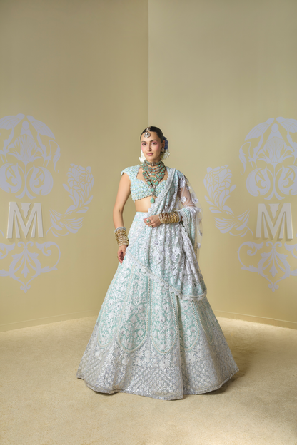 Mint and Ivory Floral Embroidered Lehenga Set