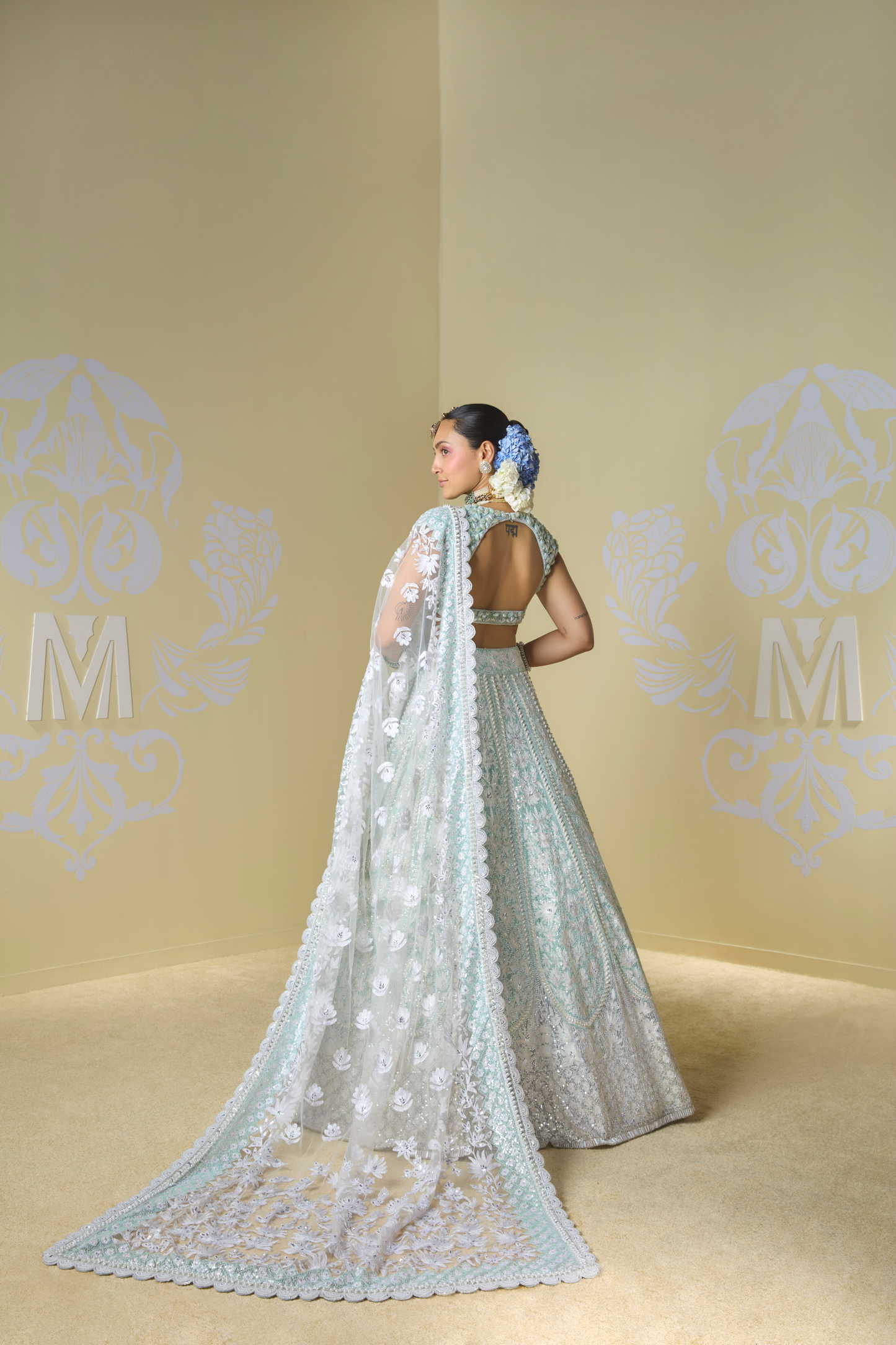 Mint and Ivory Floral Embroidered Lehenga Set