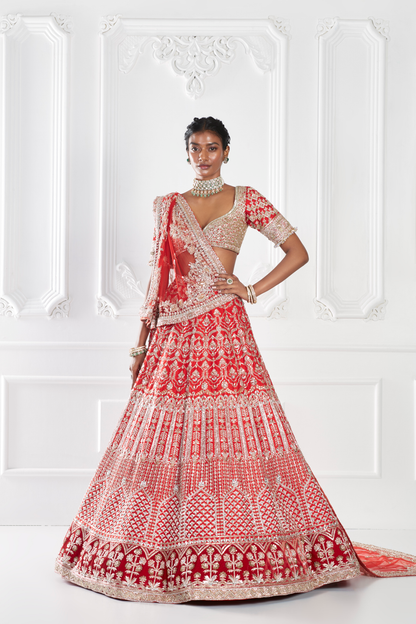 Sindoori Red Embroidered Lehenga Set