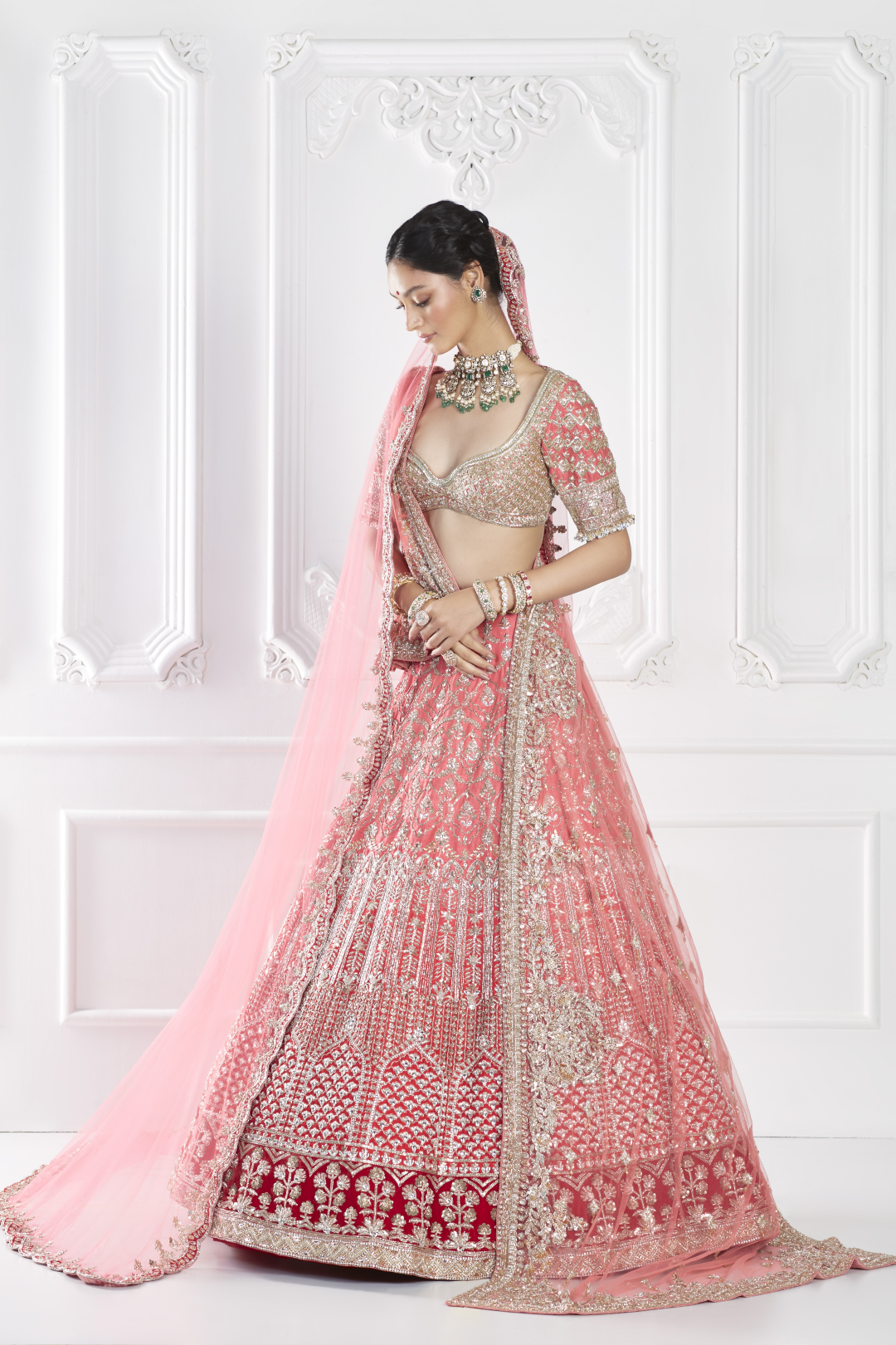 Coral Pink Embroidered Lehenga Set