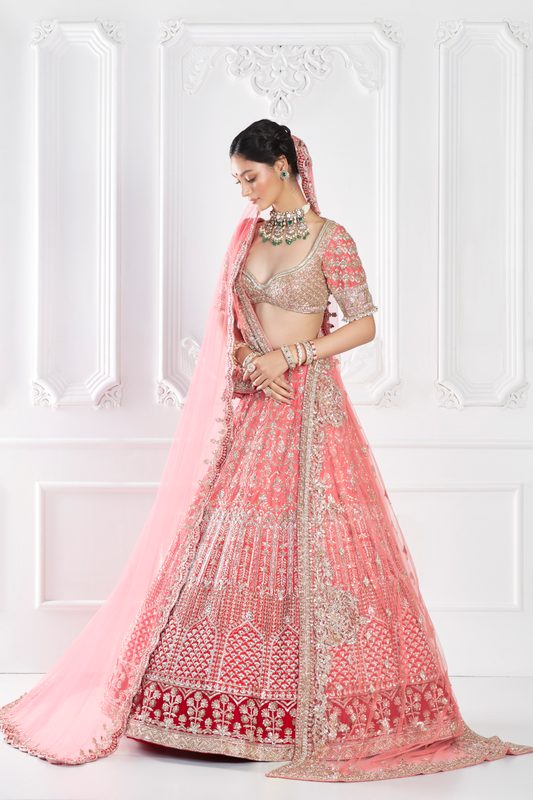 Coral Pink Embroidered Lehenga Set