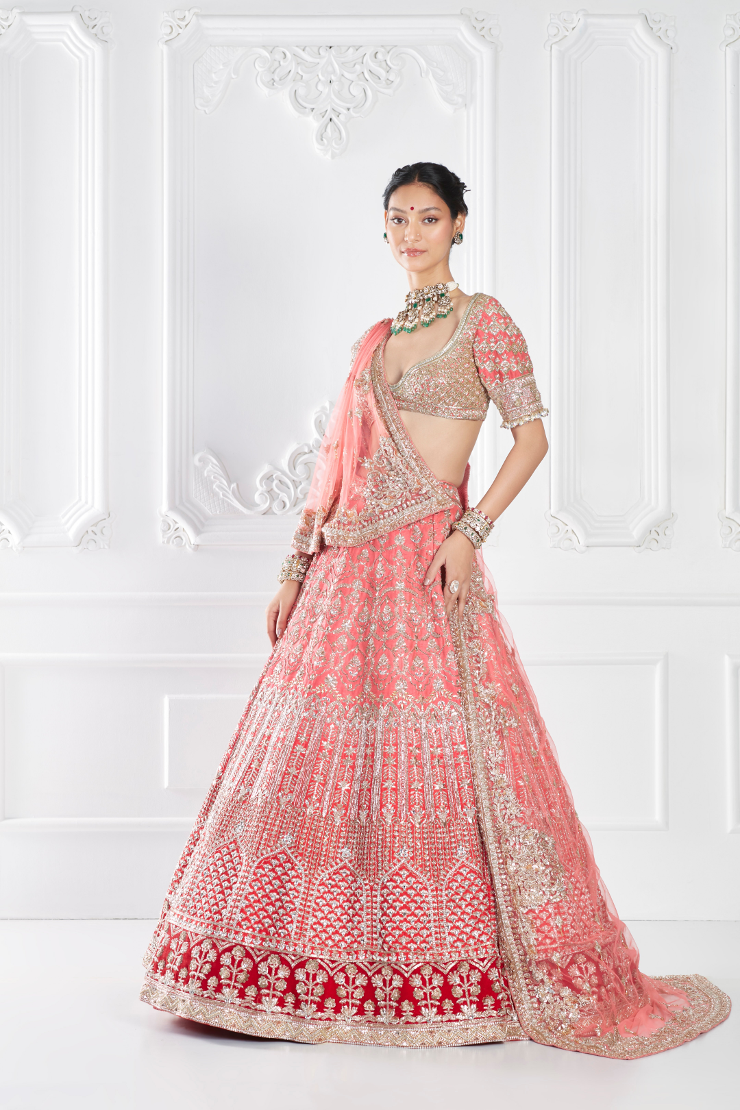 Coral Pink Embroidered Lehenga Set