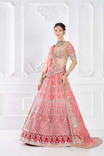 Coral Pink Embroidered Lehenga Set