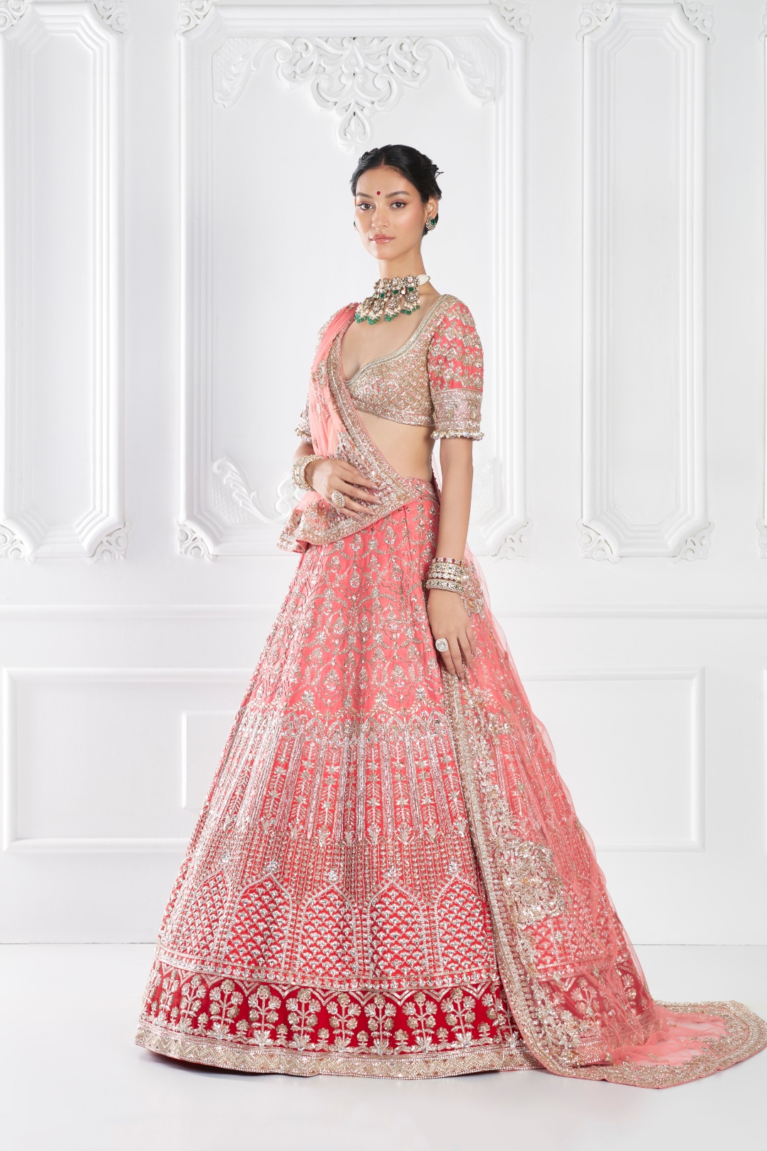 Coral Pink Embroidered Lehenga Set