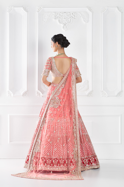Coral Pink Embroidered Lehenga Set