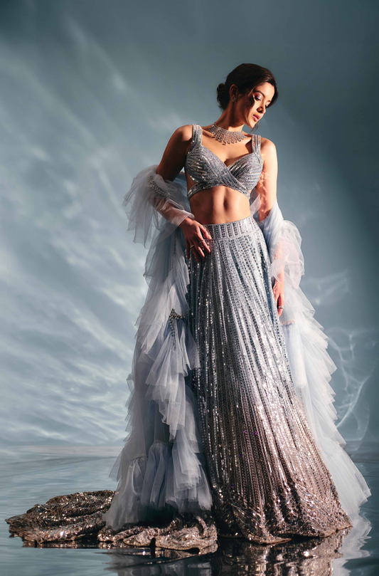 Shanaya Kapoor in our Powder Blue to Silver Diamond Sequin Lehenga Set
