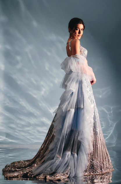 Shanaya Kapoor in our Powder Blue to Silver Diamond Sequin Lehenga Set