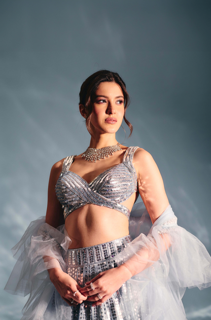 Shanaya Kapoor in our Powder Blue to Silver Diamond Sequin Lehenga Set