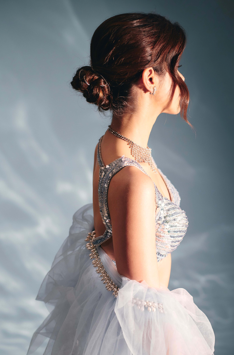 Shanaya Kapoor in our Powder Blue to Silver Diamond Sequin Lehenga Set