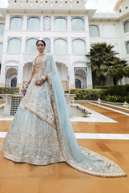 Powder Blue and Gold Embroidered Lehenga Set