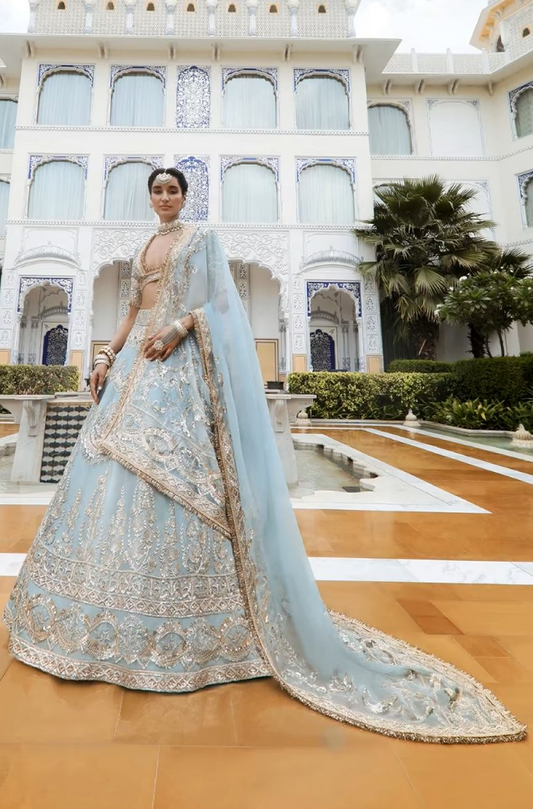 Powder Blue and Gold Embroidered Lehenga Set