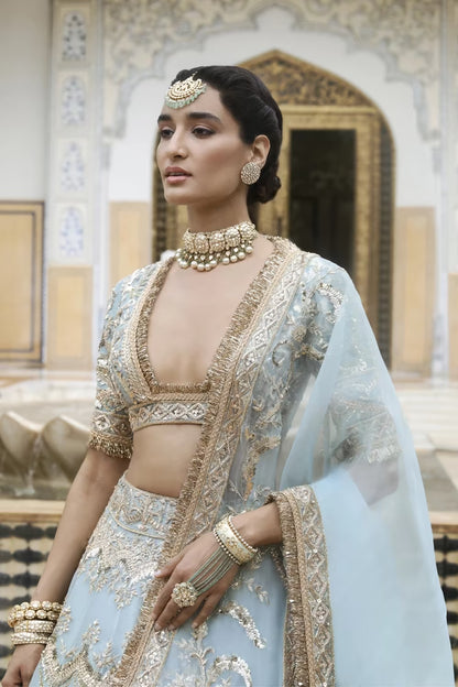 Powder Blue and Gold Embroidered Lehenga Set