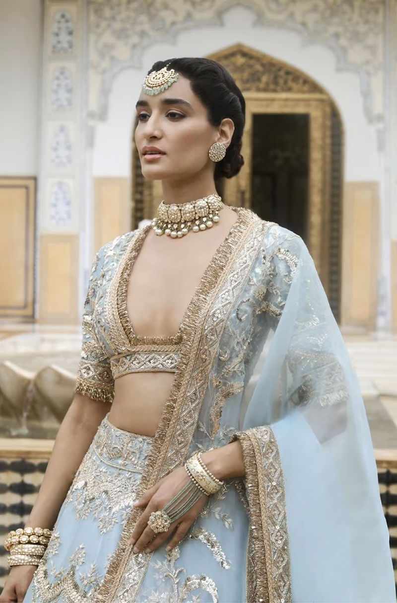 Powder Blue and Gold Embroidered Lehenga Set