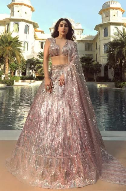 Sara Ali Khan in our Blush Multicoloured Sequins Embroidered Lehenga Set