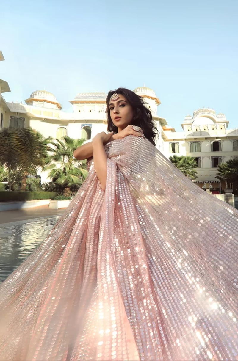 Sara Ali Khan in our Blush Multicoloured Sequins Embroidered Lehenga Set