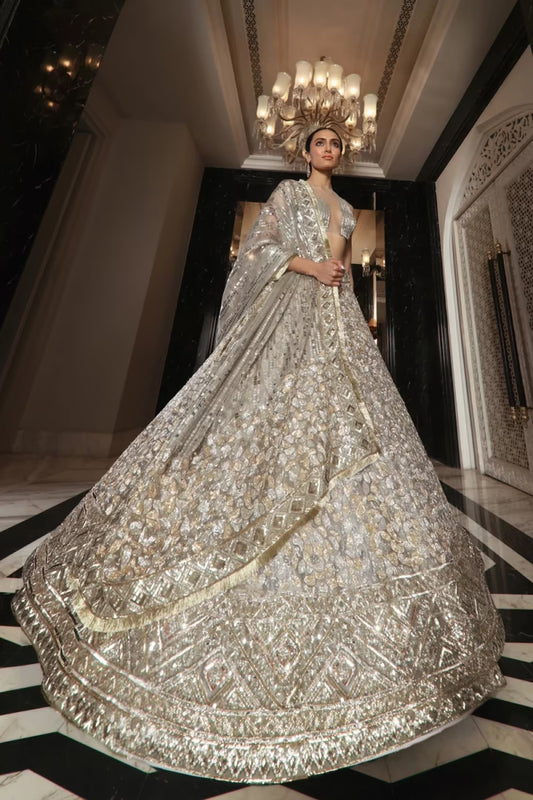 Oyster Gold Silver Embroidered Lehenga Set