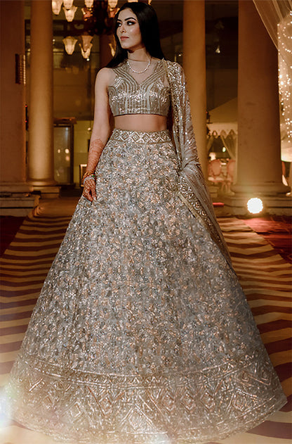 Bride: Vedika Ahuja in Silver Gold Sequin Lehenga Set