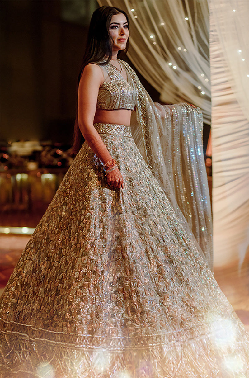Bride: Vedika Ahuja in Silver Gold Sequin Lehenga Set