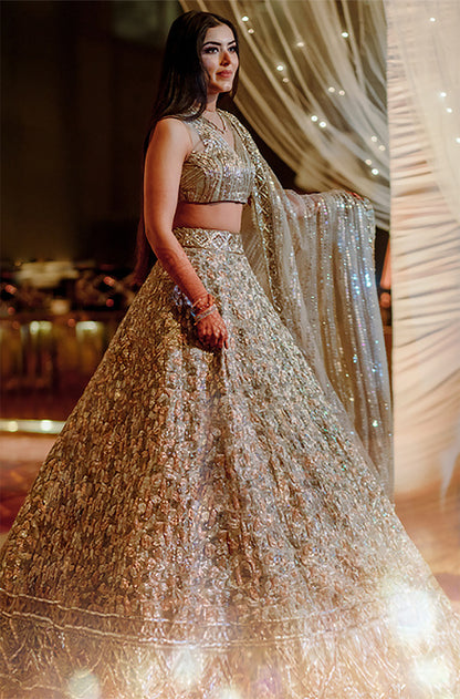Bride: Vedika Ahuja in Silver Gold Sequin Lehenga Set