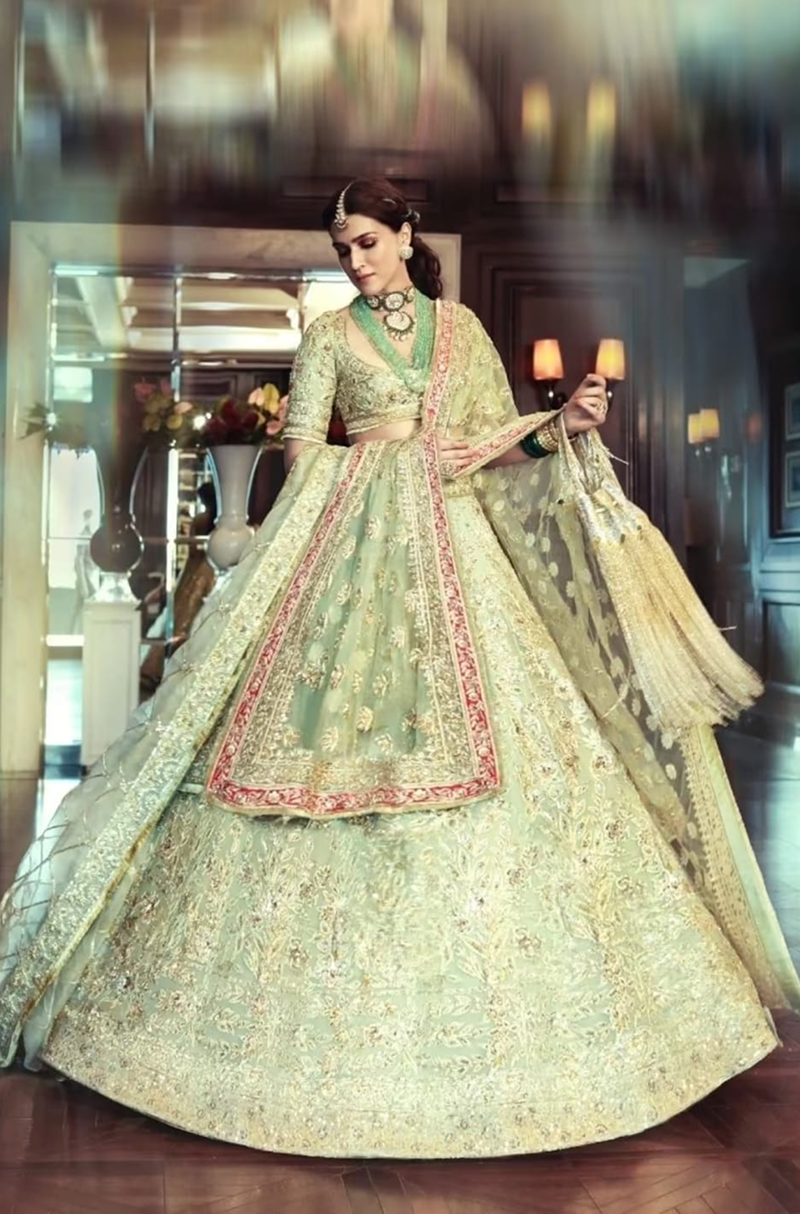 Kriti Sanon in our Mint Green Raw Silk Embroidered Lehenga Set