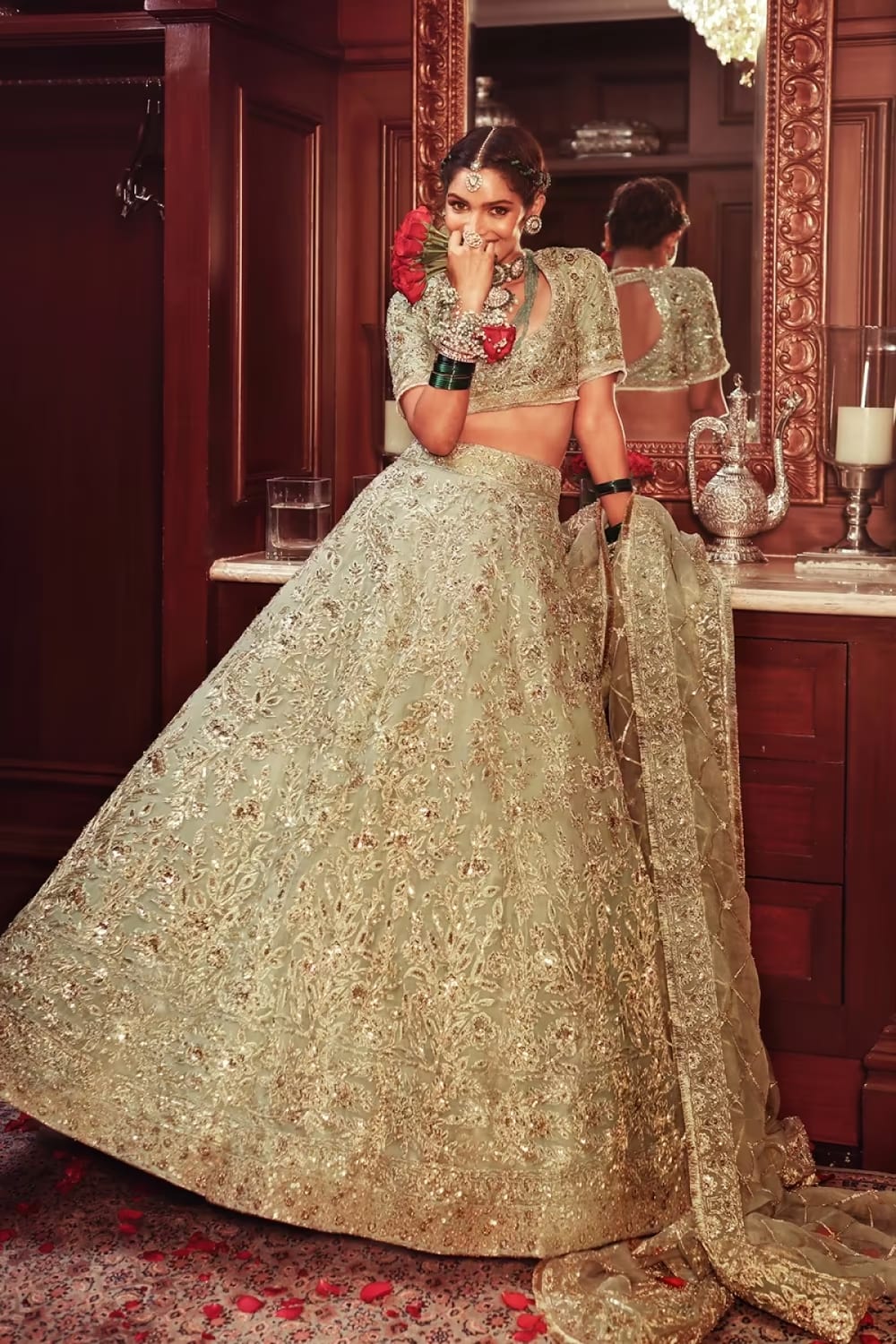 Royal Sage Green Embroidered Lehenga Set