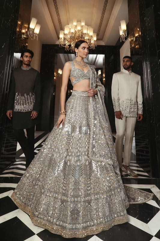 Oyster Grey Geometric Lehenga Set