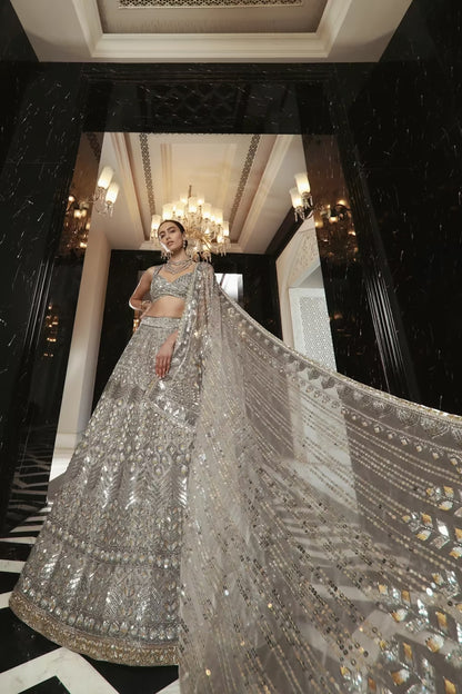 Oyster Grey Geometric Lehenga Set
