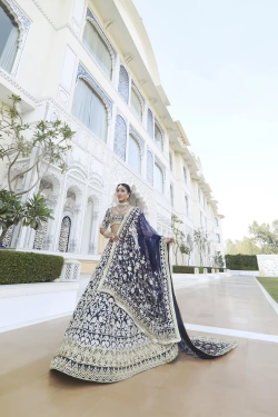 Navy Blue Gold Zardozi Embroidered Lehenga Set