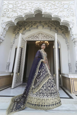 Navy Blue Gold Zardozi Embroidered Lehenga Set