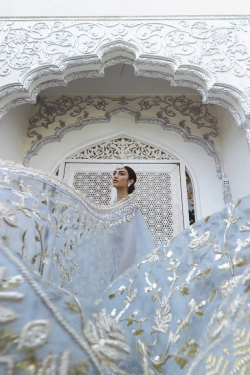 Dreamy Blue Raw Silk Embroidered Lehenga Set