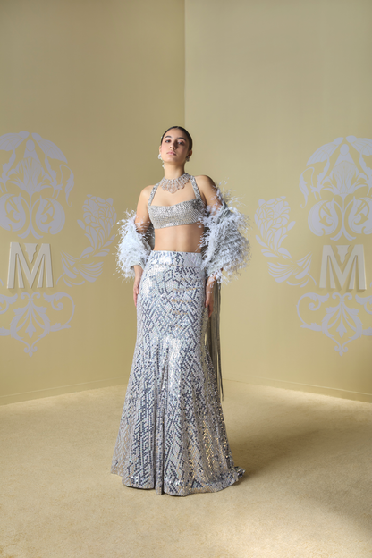 Silver and Ivory Fishtail Embroidered Lehenga Set
