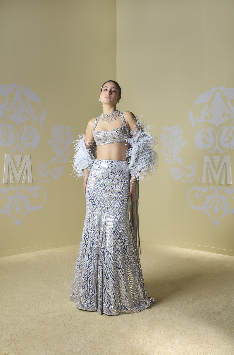 Silver and Ivory Fishtail Embroidered Lehenga Set