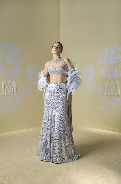 Silver and Ivory Fishtail Embroidered Lehenga Set