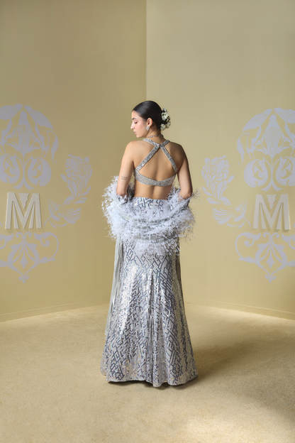 Silver and Ivory Fishtail Embroidered Lehenga Set