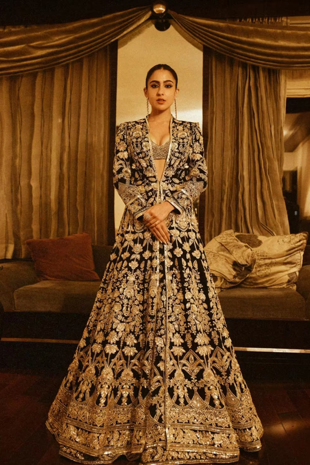 Sara Ali Khan in our Black Antique Gold Embroidered Lehenga Set